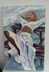 A girl on the bench 50x80 cm Original acrylic painting Romantic sunset on the beach Wall Art for interior Unique gift Bedroom Decor wedding photo - A girl on the bench 50x80 cm Original acrylic painting Romantic sunset on the beach Wall Art for interior Unique gift Bedroom Decor