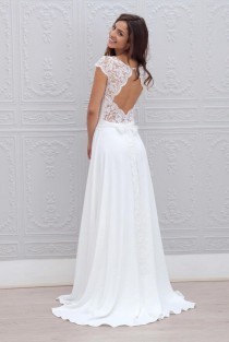 Embroidered Cap Sleeve Ivory Illusion A-line Long Vintage Chiffon Wedding Dress Keyhole Back wedding photo - Embroidered Cap Sleeve Ivory Illusion A-line Long Vintage Chiffon Wedding Dress Keyhole Back