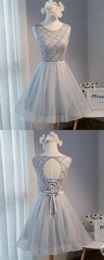 A-Line Round Neck Open Back Grey Tulle Short Homecoming Dress With Beading wedding photo - A-Line Round Neck Open Back Grey Tulle Short Homecoming Dress With Beading