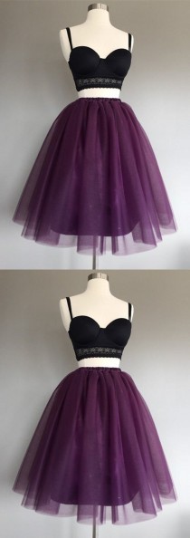 Two Piece A-Line Spaghetti Straps Grape Tulle Short Homecoming Dress wedding photo - Two Piece A-Line Spaghetti Straps Grape Tulle Short Homecoming Dress
