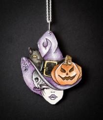 Halloween Jewellery, Illustrated Fantasy Necklace, Halloween Night Party Gift Idea, Halloween Whimsy Witch Hand Painted wedding photo - Halloween Jewellery, Illustrated Fantasy Necklace, Halloween Night Party Gift Idea, Halloween Whimsy Witch Hand Painted