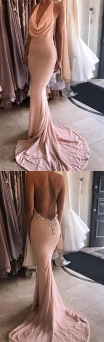 Glamorous Halter Sweep Train Pink Mermaid Backless Lace Prom Dress With Beading wedding photo - Glamorous Halter Sweep Train Pink Mermaid Backless Lace Prom Dress With Beading