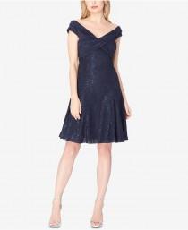 Tahari Asl Glitter Lace Off-The-Shoulder Fit & Flare Dress wedding photo - Tahari Asl Glitter Lace Off-The-Shoulder Fit & Flare Dress