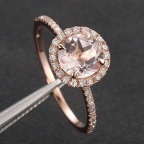 7mm Morganite .27ct Pave Diamond Solid 14K Rose Gold Engagement Ring wedding photo - 7mm Morganite .27ct Pave Diamond Solid 14K Rose Gold Engagement Ring