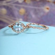 Aquamarine Engagement Ring set art deco Vintage engagement ring Rose Gold oval Wedding Women antique birthstone Bridal stacking anniversary wedding photo - Aquamarine Engagement Ring set art deco Vintage engagement ring Rose Gold oval Wedding Women antique birthstone Bridal stacking anniversary