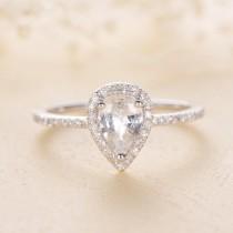 Engagement Ring Unique White Sapphire Wedding Women Bridal Set Unique Pear Shaped Cut White Gold Diamond Halo Anniversary Gift Birthstone wedding photo - Engagement Ring Unique White Sapphire Wedding Women Bridal Set Unique Pear Shaped Cut White Gold Diamond Halo Anniversary Gift Birthstone