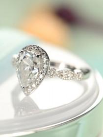 Pear shaped engagement ring Vintage Moissanite engagement ring white gold Antique Halo Diamond Wedding Women half eternity Anniversary Gift wedding photo - Pear shaped engagement ring Vintage Moissanite engagement ring white gold Antique Halo Diamond Wedding Women half eternity Anniversary Gift