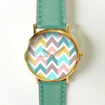Chevron Pastels Watch , Vintage Style Leather Watch, Women Watches, Boyfriend Watch, Men's Watch, Autumn Back To School wedding photo - Chevron Pastels Watch , Vintage Style Leather Watch, Women Watches, Boyfriend Watch, Men's Watch, Autumn Back To School