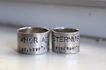 Wide Silver Wedding Bands - Latitude Longitude Personalized wedding photo - Wide Silver Wedding Bands - Latitude Longitude Personalized