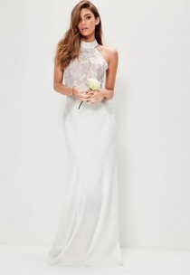 Bridal White High Neck Lace Detail Maxi Dress wedding photo - Bridal White High Neck Lace Detail Maxi Dress