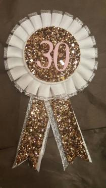 Birthday Rosette - Gold Glitter with baby pink lettering - Birthday party - badges 18th 21st 30th 40th 50th 60th 70th 80th 90th 100th wedding photo - Birthday Rosette - Gold Glitter with baby pink lettering - Birthday party - badges 18th 21st 30th 40th 50th 60th 70th 80th 90th 100th