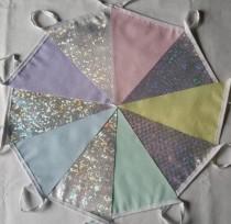 10ft/3m Bunting Pastel Dotty & Holo Frozen Ice-chip Fabric: Silver Anniversary Pennant; Unicorn Rainbow Garland, Pink Lemon Mint Blue Lilac wedding photo - 10ft/3m Bunting Pastel Dotty & Holo Frozen Ice-chip Fabric: Silver Anniversary Pennant; Unicorn Rainbow Garland, Pink Lemon Mint Blue Lilac