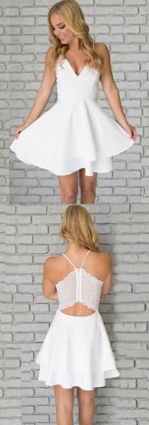 A-Line Spaghetti Straps Short White Satin Homecoming Dress With Lace wedding photo - A-Line Spaghetti Straps Short White Satin Homecoming Dress With Lace