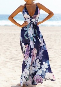 Deep Blue Flowers Print Sashes Draped A-line Spaghetti Strap Bohemian Maxi Dress wedding photo - Deep Blue Flowers Print Sashes Draped A-line Spaghetti Strap Bohemian Maxi Dress