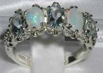 wedding photo -  14K White Gold Natural Aquamarine &  Colorful Opal Half Eternity Band, English Victorian Design Stackable Ring - Customize: 9K,18K