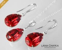 wedding photo -  Red Crystal Jewelry Set Swarovski Scarlet Red Earrings&Necklace Set Bright Red Silver Teardrop Jewelry Set Bridesmaid Bridal Red Jewelry Set