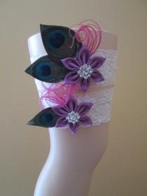 Radiant Orchid Wedding Garter Set, Peacock Garters, Ivory Lace Bridal Garter, Pink & Purple Orchid, Rustic-Vintage- Country Bride wedding photo - Radiant Orchid Wedding Garter Set, Peacock Garters, Ivory Lace Bridal Garter, Pink & Purple Orchid, Rustic-Vintage- Country Bride
