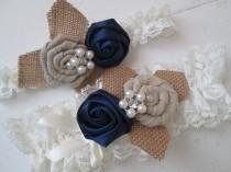 Navy Blue Lace Wedding Garter Set, Midnight Blue Garter, Ivory Lace Bridal Garters, Rustic Burlap Garter, Shabby, Vintage- Country Bride wedding photo - Navy Blue Lace Wedding Garter Set, Midnight Blue Garter, Ivory Lace Bridal Garters, Rustic Burlap Garter, Shabby, Vintage- Country Bride