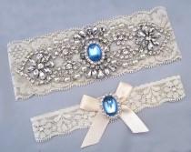 Wedding Garter Set, Crystal Rhinestone Pearl Keepsake / Toss Garters, Something Blue, Off White / Ivory Stretch Lace Bridal Garter wedding photo - Wedding Garter Set, Crystal Rhinestone Pearl Keepsake / Toss Garters, Something Blue, Off White / Ivory Stretch Lace Bridal Garter