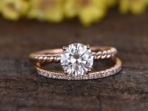 wedding photo -  1.25 Carat Round Moissanite Solitaire Engagement Ring Set Diamond Wedding Band 14k Rose Gold Pave Thin Matching Band