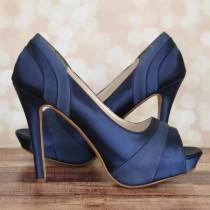 wedding photo - Custom Wedding Shoes -- Navy Blue Platform Peep Toe Wedding Shoes with Satin and Chiffon Panels