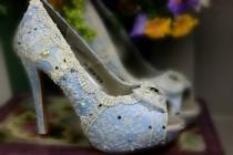 wedding photo - Something Blue Wedding Heels . Blue Lacy High Heels . Bridal Shoes . Vintage Lace Wedding Shoes .  Comfy High Heels . Something Blue Shoes