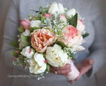 wedding photo -  Wedding Flowers Bridal Bouquet Wedding Bouquets Peonies Roses Artificial Bouquet with Boutonniere Blush Pink Brooch Bouquet - $159.99 USD