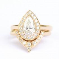 wedding photo -  3rd Eye Ring Bridal Set, Third Eye Pear Engagement Ring Matching Side Ring, Natural Diamond Pear Halo Ring, Diamond 3rd Eye - $3490.00 USD