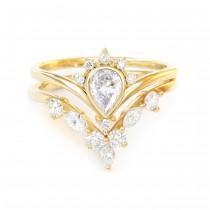 wedding photo -  1/2 Ct Natural Diamonds Bridal Rings Set, Pear Diamond Engagement Ring SUNRISE Marquise Diamonds Side Band HERMES V Ring, 14K/18K Solid Gold - $1990.00 USD