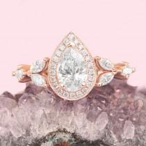 wedding photo -  Natural Diamond 1 Carat Engagement Ring; Pear Diamond Halo Engagement Ring, Pave Band; GIA Certified Diamond Unique Designer Fantasy Ring - $5780.00 USD