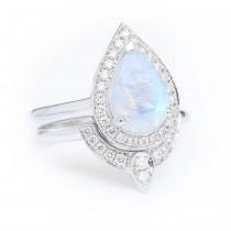 wedding photo -  Moonstone diamond engagement rings set 14K White Gold, Size 5.25 - READY to ship - $950.00 USD