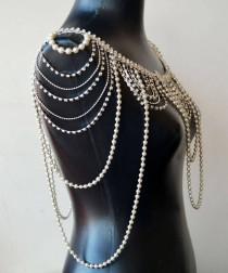 wedding photo -  Silver Shoulder Necklace, Pearl Bridal Shoulder Jewelry, Shoulder Jewelry, Wedding Shoulder Jewelry, Bride Shoulder Jewelry - $189.00 USD
