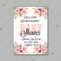 wedding photo -  Baby shower invitation template with tropical flowers of hibiscus, palm leaves