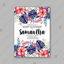 wedding photo -  Baby shower invitation template with tropical flowers of hibiscus, palm leaves