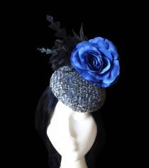 wedding photo -  Bridal wedding hat. Tweed cocktail hat. Church hat. Black and blue hat. Flower and feathers fascinator. Race hat. Statement hat. Pillbox hat - $53.45 EUR