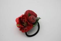 wedding photo -  Red rose fancy flower hair tie Floral Bridal hair piece Wedding hair tie Boho hair style Bridesmaid gift Christmas headpiece Gift for her - $10.00 USD