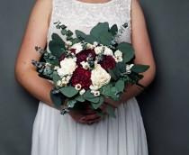 wedding photo -  Burgundy wedding bouquet preserved eucalyptus baby blue dark wine white ivory dried flowers sola vintage style bridal bridesmaid elegant - $82.00 USD