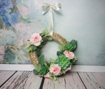 wedding photo -  Wedding floral succulent greenery wreath centerpiece hanging backdrop arrangement country pink roses decor romantic home decor straw - $67.00 USD