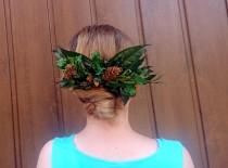 wedding photo -  Woodland wedding natural hair comb greenery bridal hairpiece green preserved real leafs pine cones boho organic eco style accessory rustic - $55.00 USD