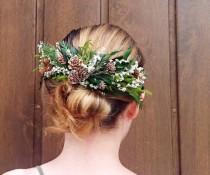 wedding photo -  Conifer hair comb woodland wedding natural thuja greenery bridal hairpiece green preserved real leafs pine cones organic eco style winter - $55.00 USD