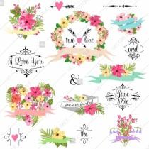 wedding photo -  Wedding graphic clip art set, wreath, flowers, arrows, hearts, laurel, ribbons and labels