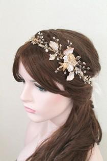 Gold or Rose gold Leaf Vine Bridal Headpiece. Blush Boho Delicate Crystal Pearl wedding Wreath, Headband. Rhinestone Floral Hairpiece. BEA wedding photo - Gold or Rose gold Leaf Vine Bridal Headpiece. Blush Boho Delicate Crystal Pearl wedding Wreath, Headband. Rhinestone Floral Hairpiece. BEA