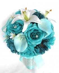 Wedding Bouquet 17 Piece Package Bridal Silk flower Bouquets TURQUOISE AQUA TEAL Calla Lily Wedding decoration Centerpiece "RosesandDreams" wedding photo - Wedding Bouquet 17 Piece Package Bridal Silk flower Bouquets TURQUOISE AQUA TEAL Calla Lily Wedding decoration Centerpiece "RosesandDreams"