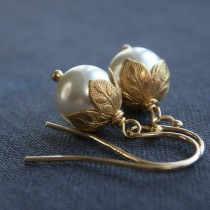 wedding photo - Flower Bud Pearl Earrings, Swarovski Crystal Pearl Earrings, Leaf Bead Caps, Gold Filled Ear Wires, Gold Earrings