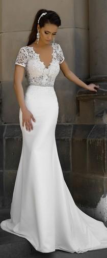 Junoesque Lace & Satin V-neck Neckline Mermaid Wedding Dresses With Bowknot wedding photo - Junoesque Lace & Satin V-neck Neckline Mermaid Wedding Dresses With Bowknot