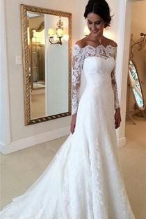 Long Sleeves Lace A-line Boat Neckline Ivory Long Bridal Dress Wedding Dresses W33 wedding photo - Long Sleeves Lace A-line Boat Neckline Ivory Long Bridal Dress Wedding Dresses W33