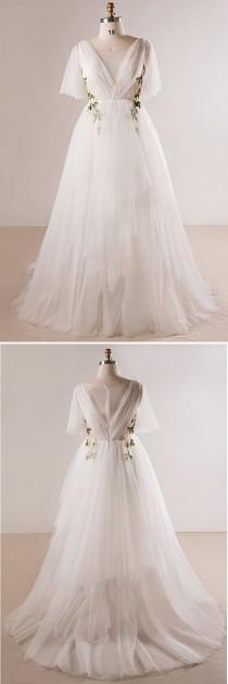 Plus Size Flowing Long Tulle Flowers Beach Wedding Dress For Outdoor Weddings #MN026 - GemGrace.com wedding photo - Plus Size Flowing Long Tulle Flowers Beach Wedding Dress For Outdoor Weddings #MN026 - GemGrace.com
