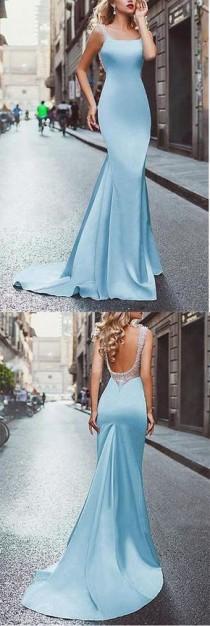 Amazing Beading Satin Scoop Mermaid Blue Long Prom Dress OK696 wedding photo - Amazing Beading Satin Scoop Mermaid Blue Long Prom Dress OK696