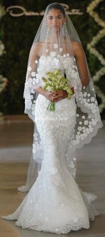 Angle Cut Tulle Cathedral Veil With Floral Appliques & Scalloped Lace wedding photo - Angle Cut Tulle Cathedral Veil With Floral Appliques & Scalloped Lace