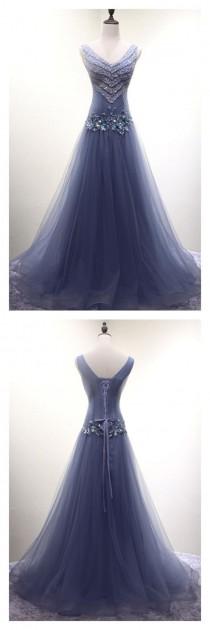 V-neck Beading Long Tulle Prom Dresses(ED2387) wedding photo - V-neck Beading Long Tulle Prom Dresses(ED2387)